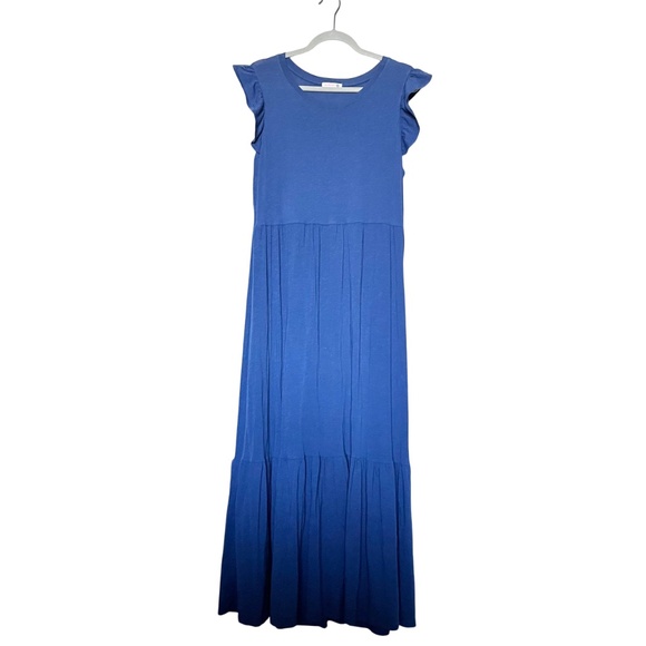 Sundry Royal Blue Ruffle Sleeve Tiered Maxi Dress Slub Cotton Jersey size 4 / XL - Picture 2 of 10